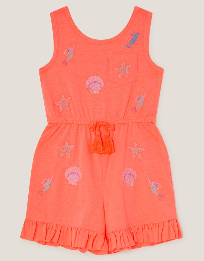 Sea Life Embroidered Jersey Playsuit, Orange (ORANGE), large