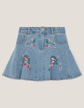 Floral Embroidered Denim Mini Skirt, Blue (BLUE), large