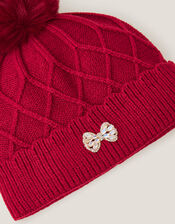 Bow Pom-Pom Beanie Hat, Red (RED), large