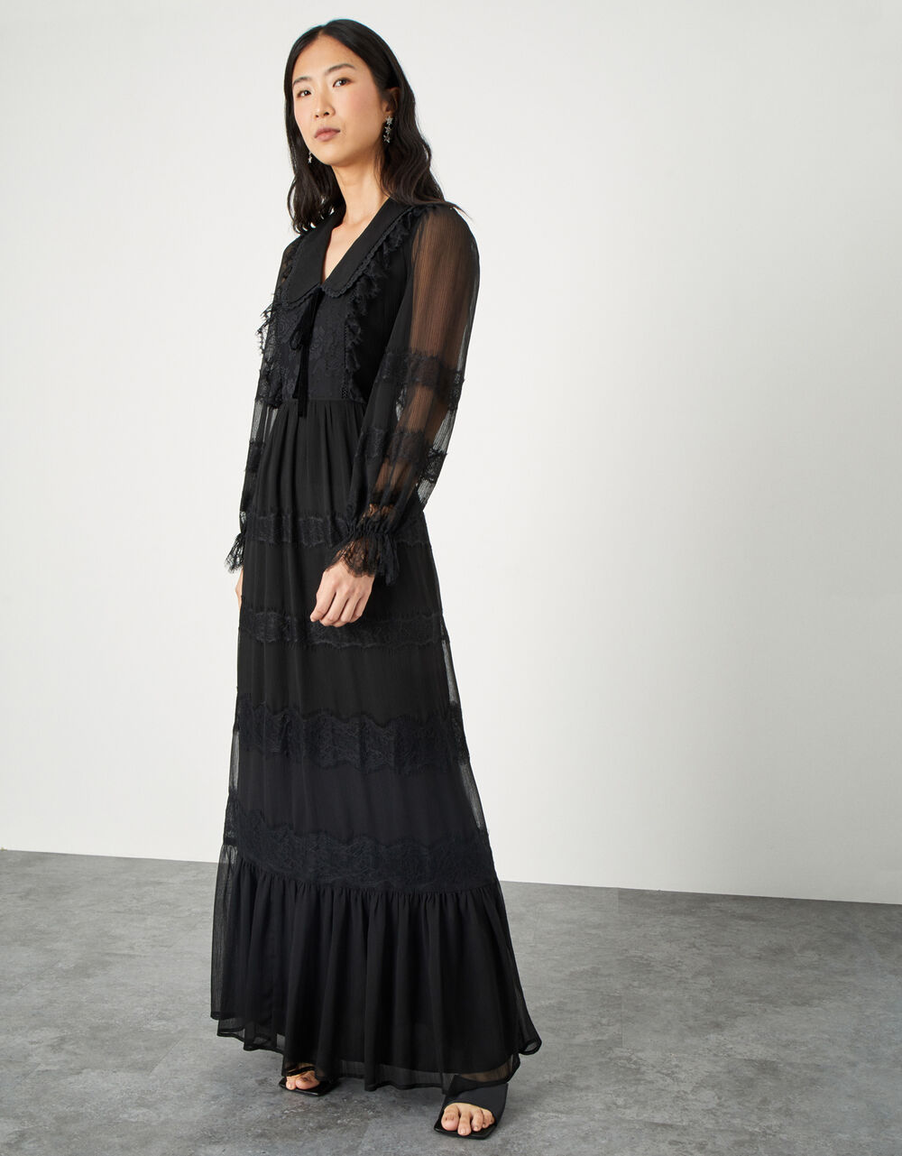 Lace Trim Collared Maxi Dress Black | Evening Dresses | Monsoon UK.