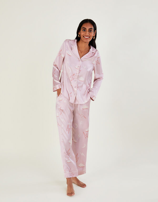 Lightning Bolt Print Pyjama Set in Recycled Polyester, Pink (PINK), large