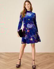 Valerie Star Print Short Velvet Dress, Blue (BLUE), large