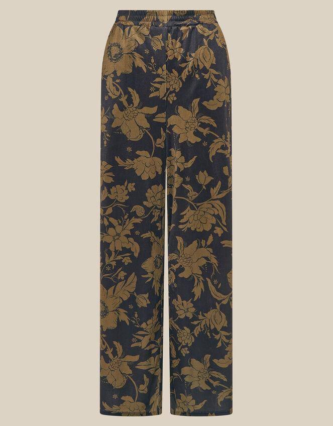 Princella High Waisted Floral Velvet Wide Leg Trousers, Blue (NAVY), large