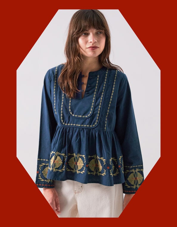 East Katie Embroidered Peplum Blouse, Teal (TEAL), large