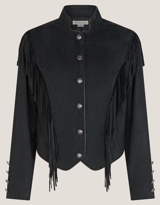 Salome Fringe Faux Suede Jacket, Black (BLACK), large