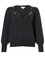 Feather Embellished Short Knit Cardigan, Grey (CHARCOAL), large