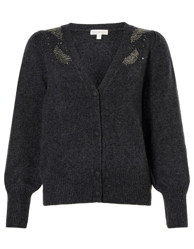 Feather Embellished Short Knit Cardigan, Grey (CHARCOAL), large