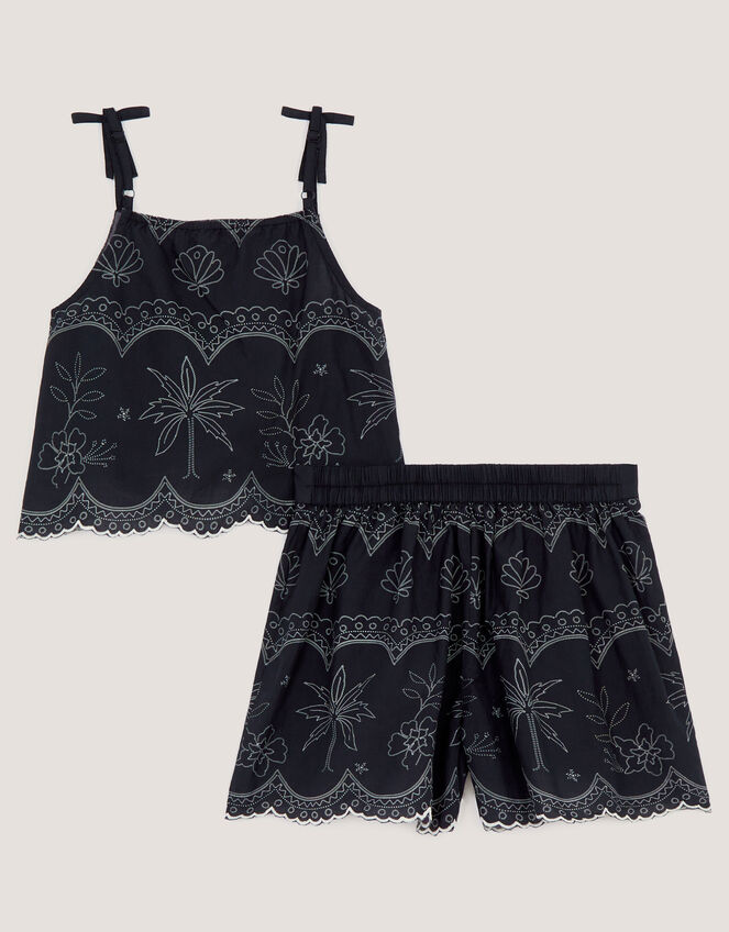 Palm Embroidered Top & Shorts Set, Black (BLACK), large