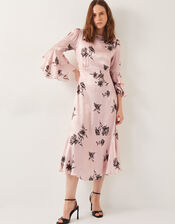 Pelia Floral Satin Ruffle Midi Dress, Pink (PINK), large