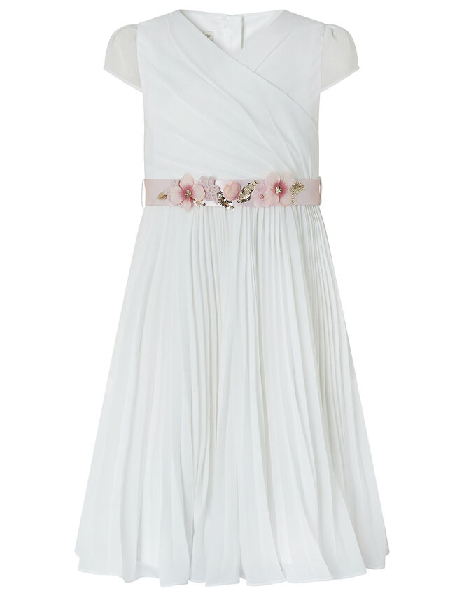 Marbella Pleated Maxi Dress with Floral Belt, Ivory (IVORY), large