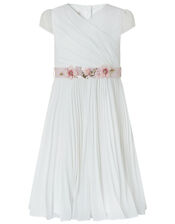 Marbella Pleated Maxi Dress with Floral Belt, Ivory (IVORY), large
