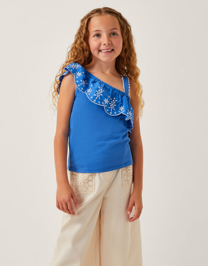 Embroidered Frill One Shoulder Top, Blue (BLUE), large