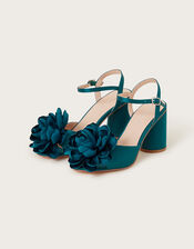 Petal Corsage Satin Heel Sandals, Teal (TEAL), large