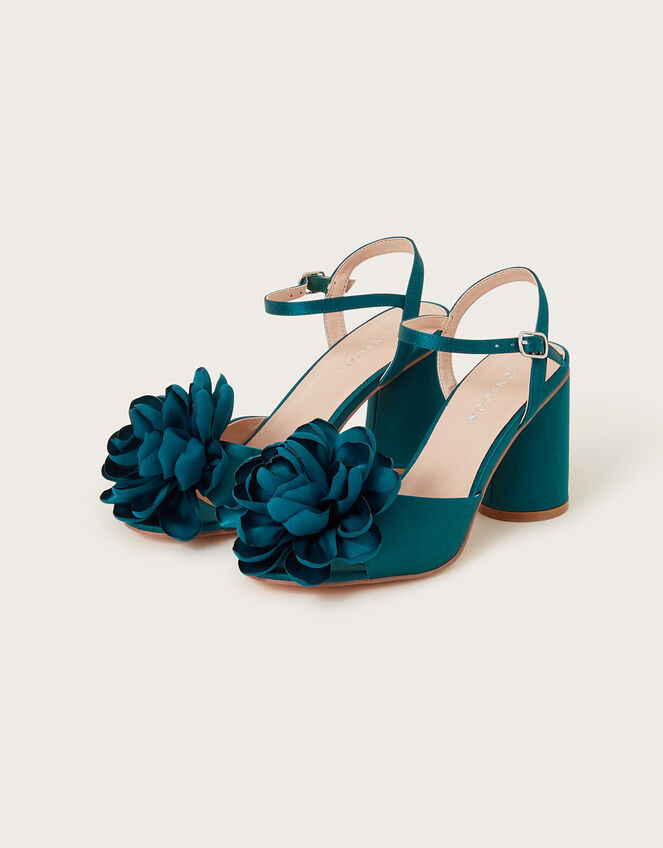 Petal Corsage Satin Heel Sandals, Teal (TEAL), large
