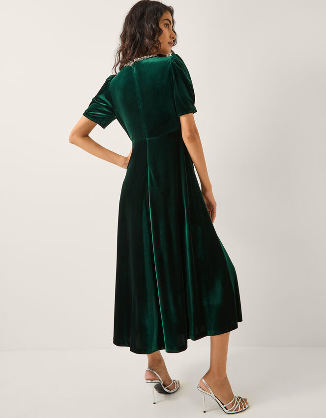 Celeste Embellished Bow Velvet Midi Dress, Green (DARK GREEN), large
