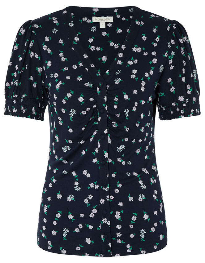 Desree Ditsy Floral Puff Sleeve Top, Blue (NAVY), large