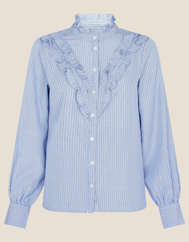 Stripe Frill Print Shirt in Recycled Polyester Blue