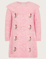 Baby Cable Knit Embroidered Dress, Pink (PINK), large