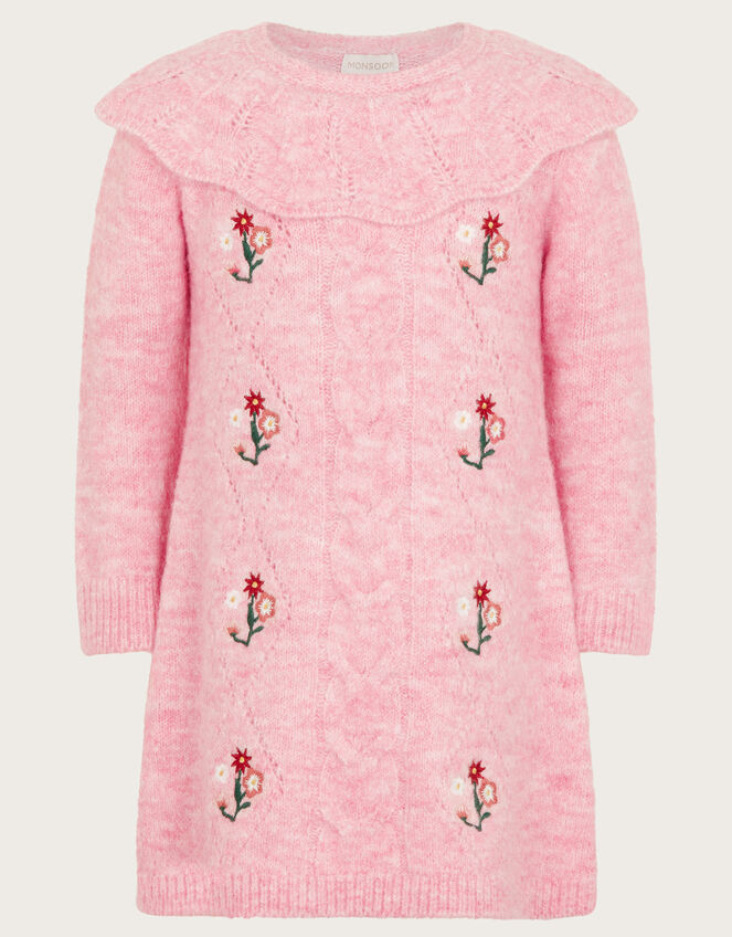 Baby Cable Knit Embroidered Dress, Pink (PINK), large