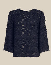 Chrissy Bell Sleeve Textured Fringe Top, Blue (NAVY), large
