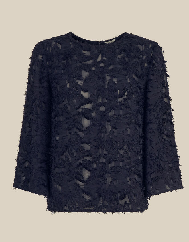 Chrissy Bell Sleeve Textured Fringe Top, Blue (NAVY), large