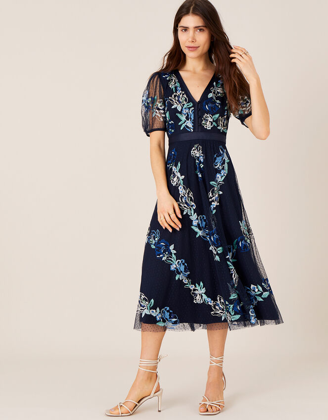 Oma Embroidered Midi Dress Blue | Evening Dresses | Monsoon UK.