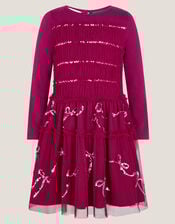 Bow Embellished Jersey Tulle Dress, Red (RED), large