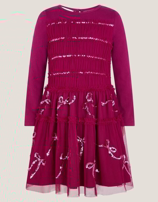 Bow Embellished Jersey Tulle Dress, Red (RED), large