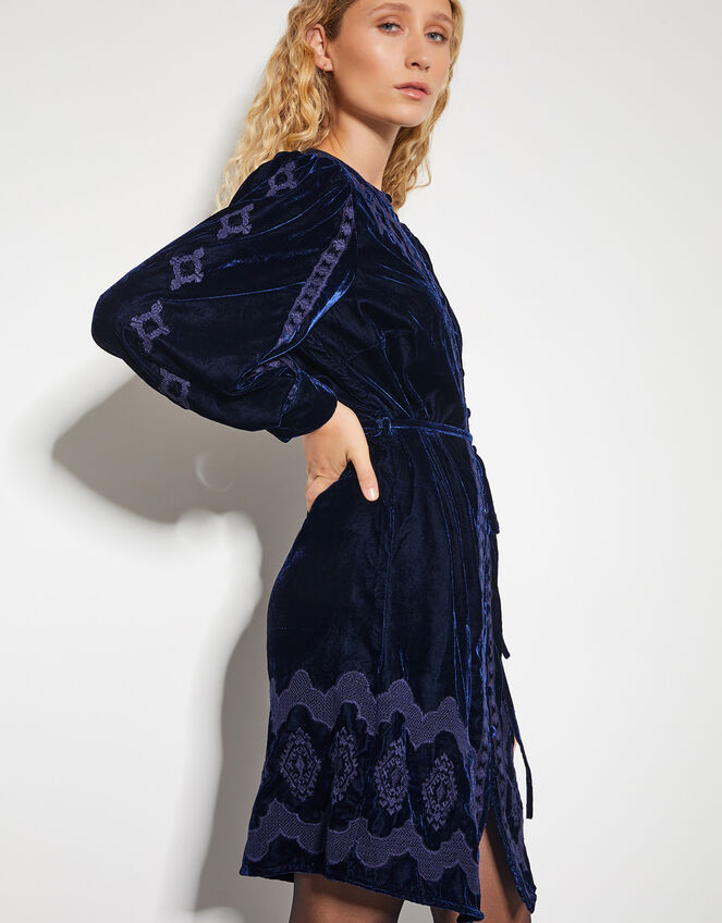 Ivy Embroidered Velvet Mini Dress, Blue (NAVY), large