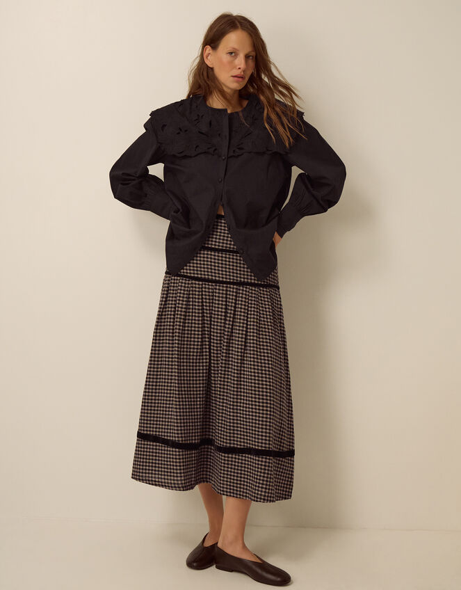 Elise Check Print Midi Skirt , Black (BLACK), large