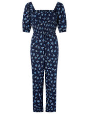 Floss Printed Jumpsuit with Organic Cotton, Blue (NAVY), large