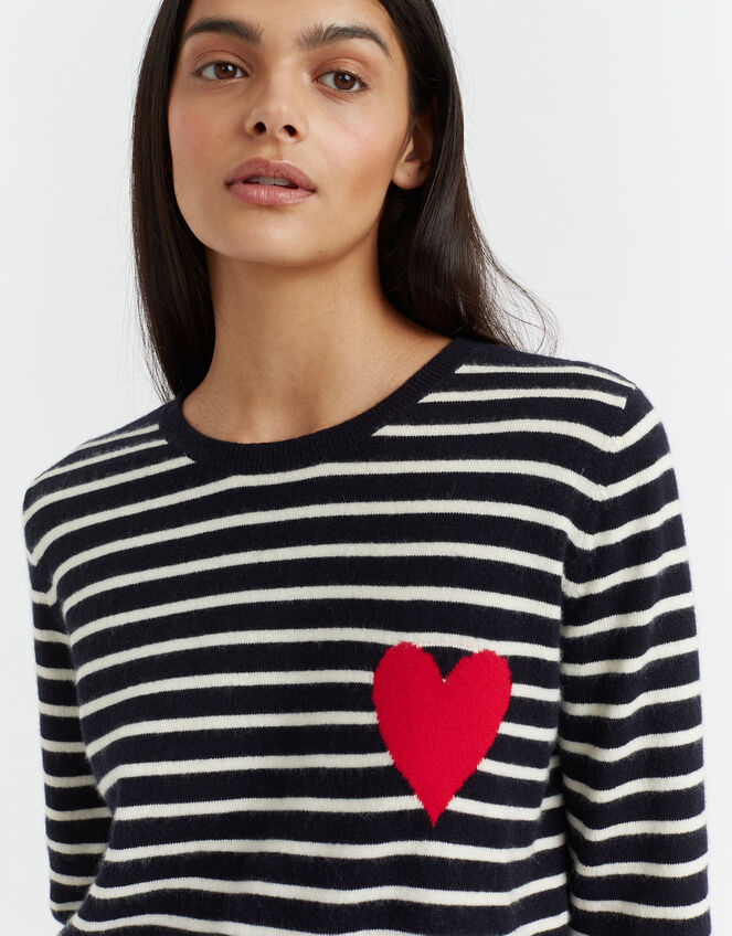 Chinti & Parker Heart Stripe Wool Jumper, Blue (NAVY), large