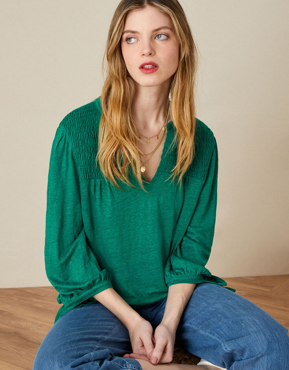 Women Women's Clothing | Plain Shirred Jersey Linen Top Green - LC72490