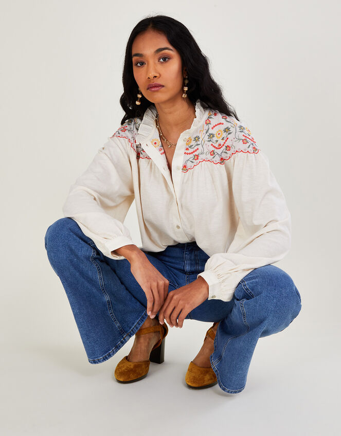 Colourful Embroidered Jersey Top, Ivory (IVORY), large