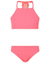 Crochet Insert Shirred Bikini Set, Orange (CORAL), large