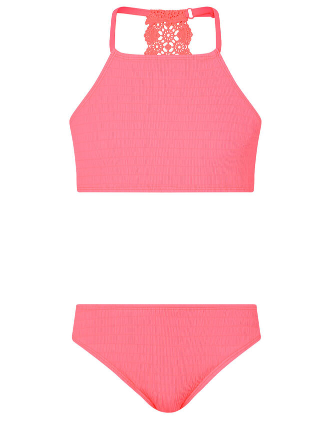 Crochet Insert Shirred Bikini Set, Orange (CORAL), large