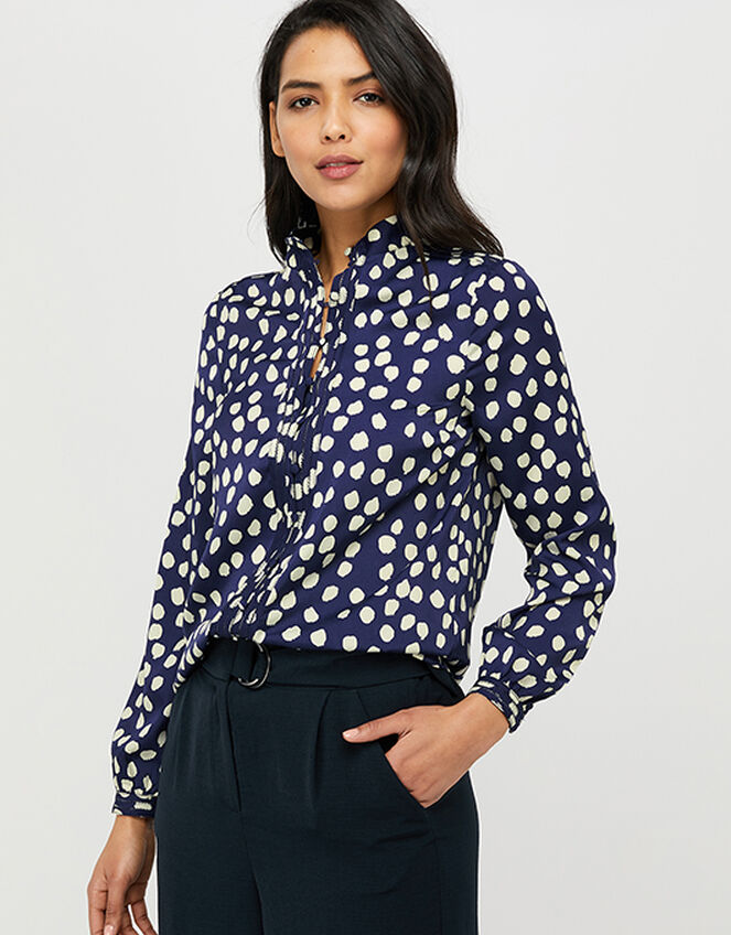 Samara Spot Satin Blouse with Recycled Polyester, Blue (NAVY), large