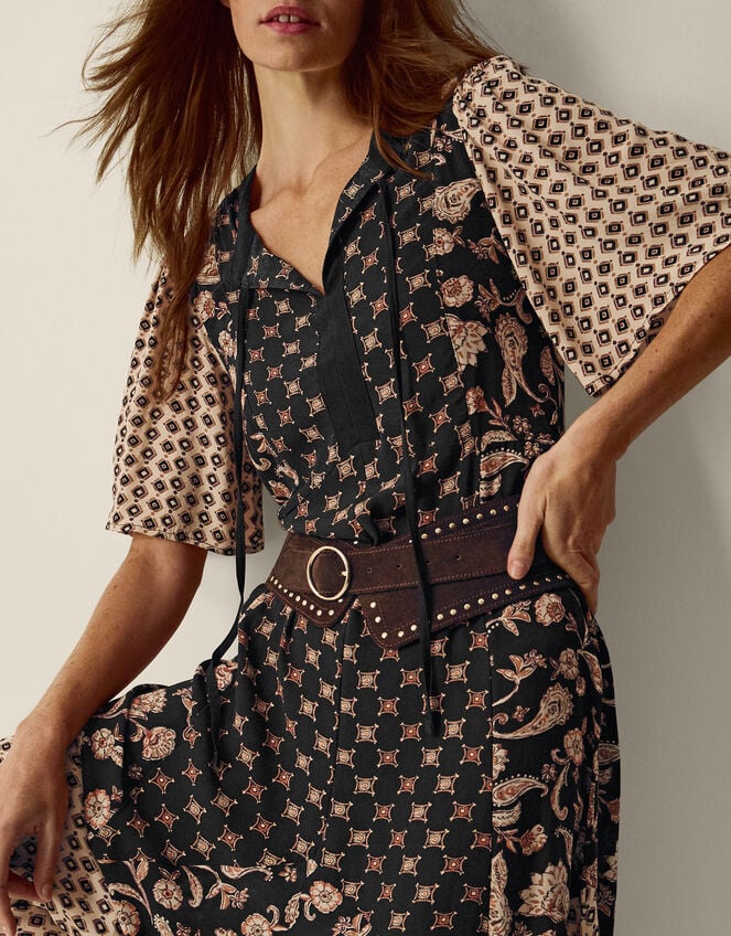 Raquel Patchwork Floral Print Midi Dress, Black (BLACK), large