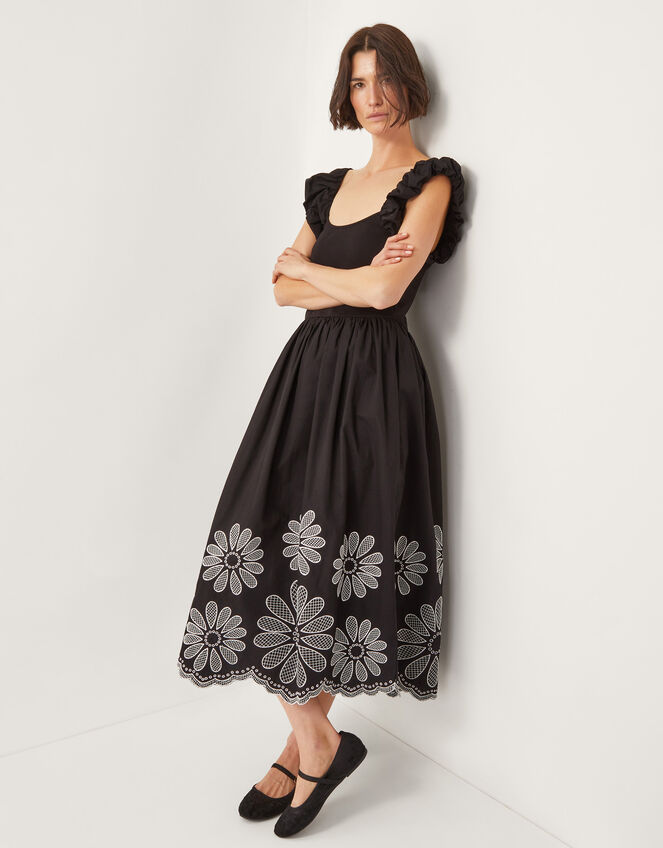 Ella Frill Floral Embroidered Midi Dress, Black (BLACK), large