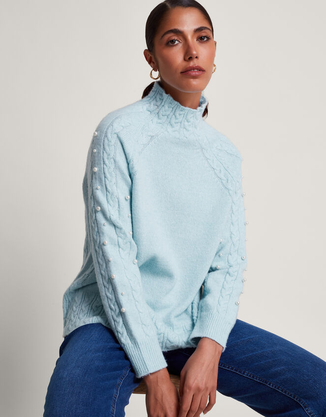 Pearl High Neck Cable Knit Jumper, Blue (BLUE), large