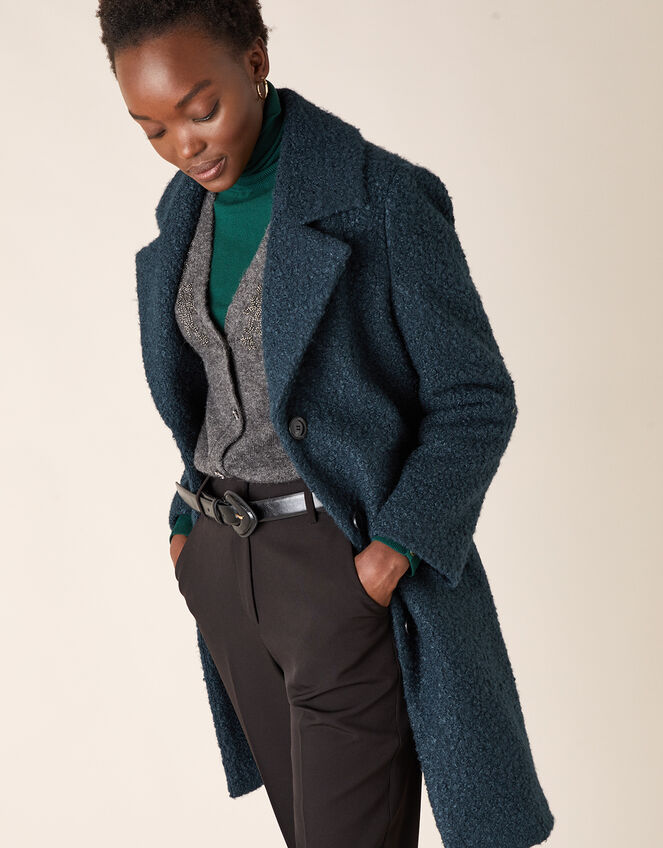 Boucle Single Breasted Long Coat, Teal (TEAL), large