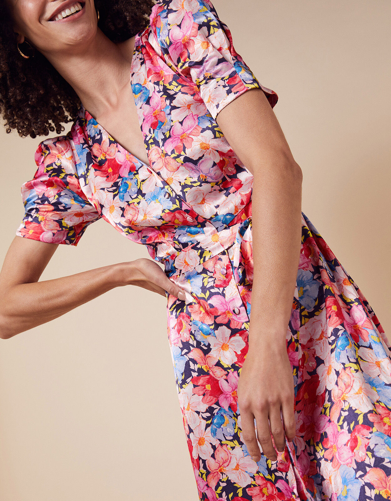 Faith Floral Print Satin Shirt Dress Blue