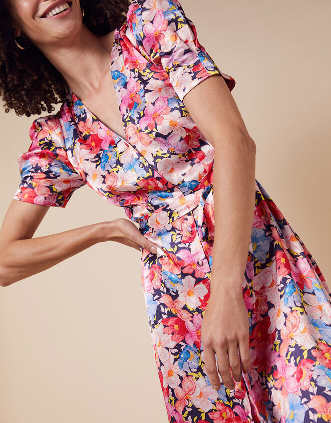 Faith Floral Print Satin Shirt Dress, Blue (NAVY), large