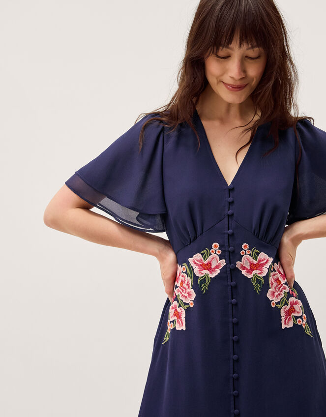 Coraline Floral Embroidered Midi Dress Blue