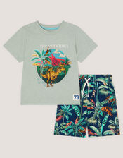 Dinosaur Print T-Shirt & Shorts Set, Green (GREEN), large