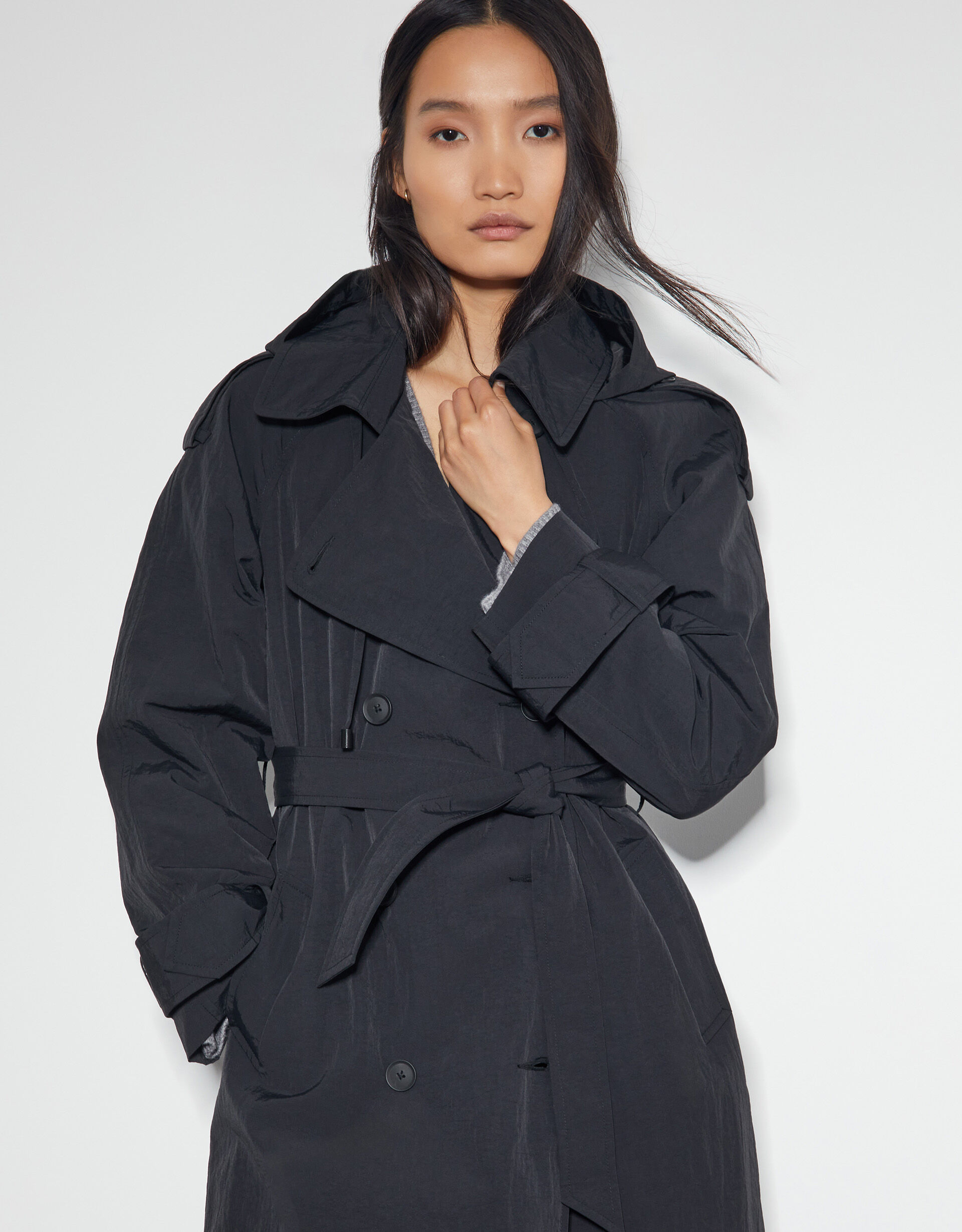 Black longline trench coat hotsell