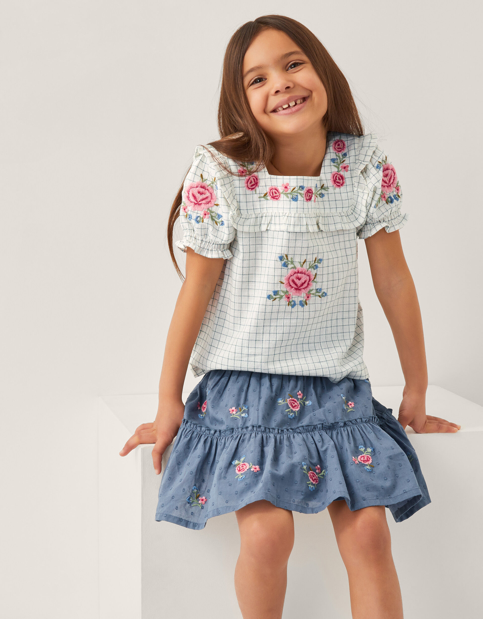 Floral Embroidered Check Blouse Ivory
