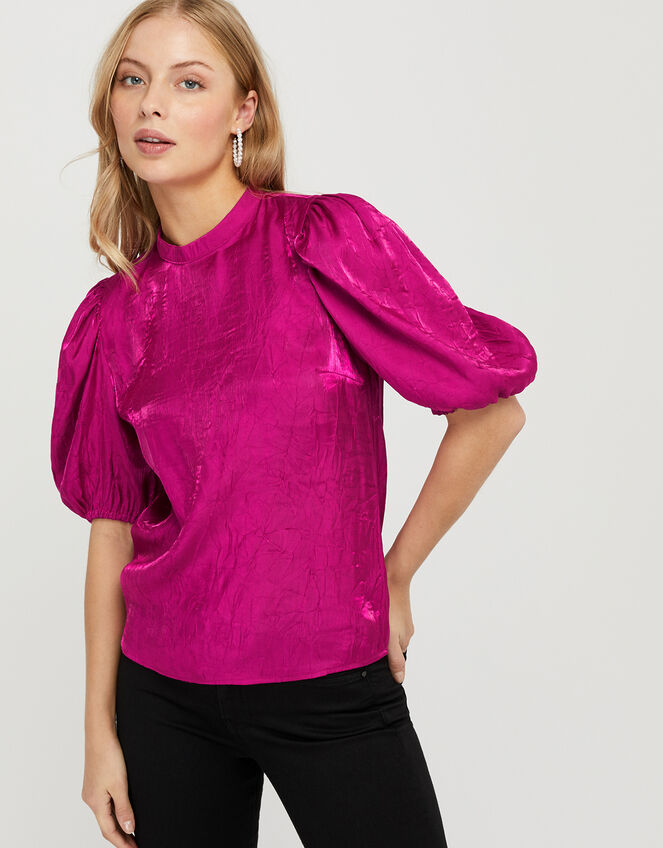 Cassidy Crinkle Puff Sleeve Blouse, Pink (PINK), large
