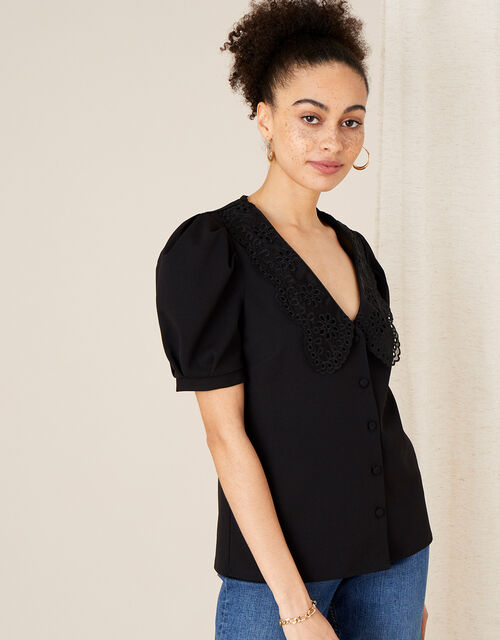Ollie Lace Collar Puff Sleeve Top, Black (BLACK), large