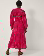 Poppy Long Sleeve Tiered Midi Dress, Red (RED), large